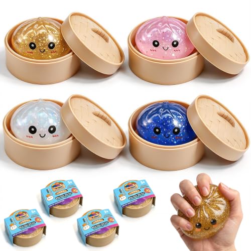 Dumpling Squishies, Glitter Dumpling Mystery Box, Fidget Sensory Toy for Adults,Colorful Dumplings Stress Balls with Food Steamer,Ideal for Stress Relief as a Gift for Holidays