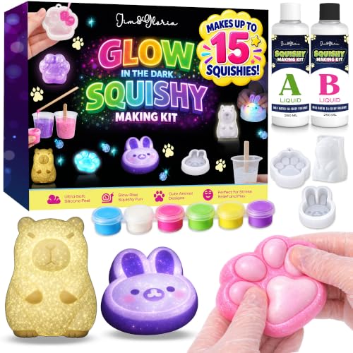 Jim&Gloria Glow in the Dark DIY Squishy Making Kit - Make Your Own Squishies All-in-One Squishy Maker Craft Kit with 1:1 Liquid Silicone, 3 Cute Animal Molds Mini Paw, Bunny, Capybara Chirstmas Gifts