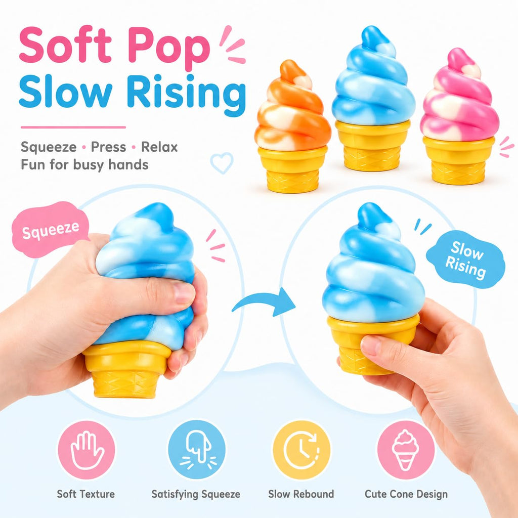 Ice Cream Cone Squishy Toy, Taba Squeeze Packs Stress Relief Fidget Toy, Summer Party Favors Novelty Sensory Toys for Anxiety Relief, Cute Food-Shaped Desk Toy for Adults