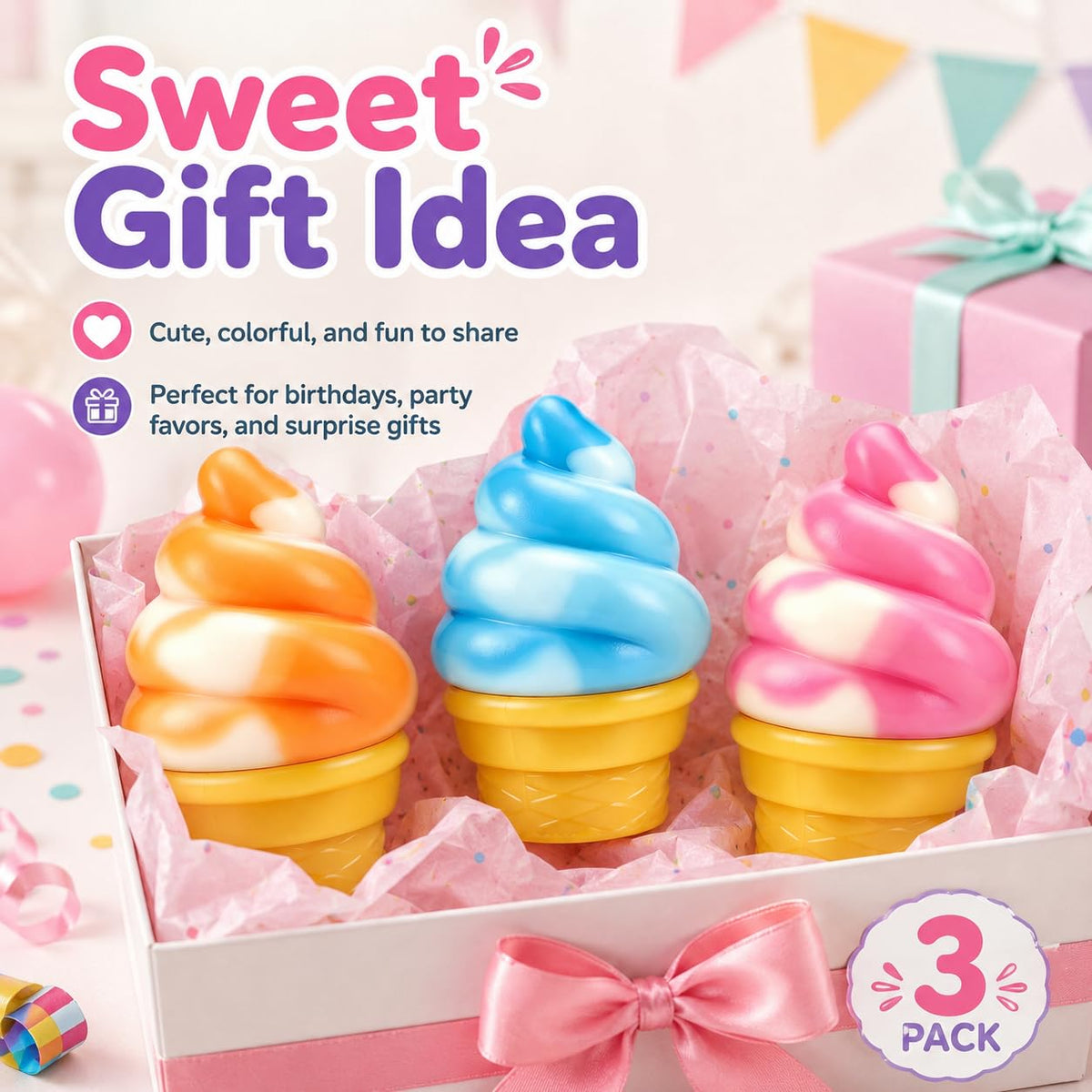 Ice Cream Cone Squishy Toy, Taba Squeeze Packs Stress Relief Fidget Toy, Summer Party Favors Novelty Sensory Toys for Anxiety Relief, Cute Food-Shaped Desk Toy for Adults