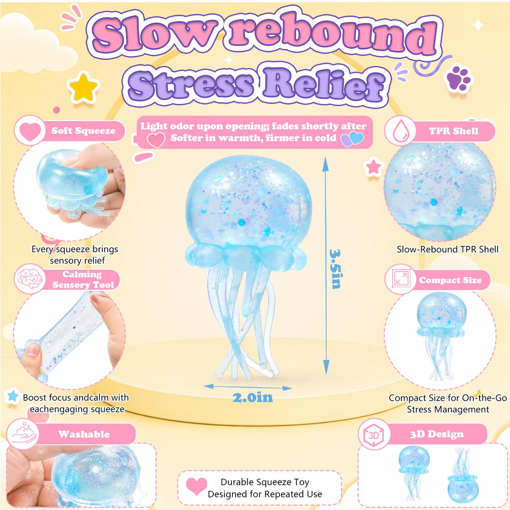 Jellyfish Squeeze Stress Ball, Slow Rising Sensory Squishy Fidget Toy（Blue）