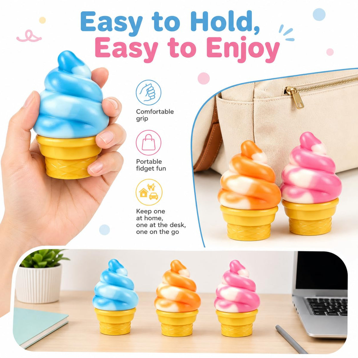 Ice Cream Cone Squishy Toy, Taba Squeeze Packs Stress Relief Fidget Toy, Summer Party Favors Novelty Sensory Toys for Anxiety Relief, Cute Food-Shaped Desk Toy for Adults