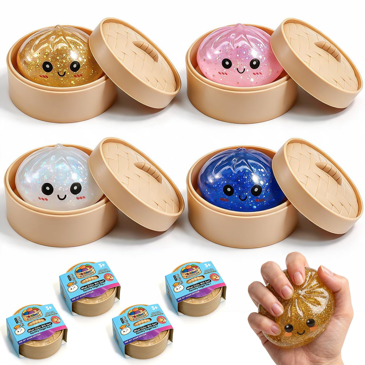 Dumpling Squishies, Glitter Dumpling Mystery Box, Fidget Sensory Toy for Adults,Colorful Dumplings Stress Balls with Food Steamer,Ideal for Stress Relief as a Gift for Holidays