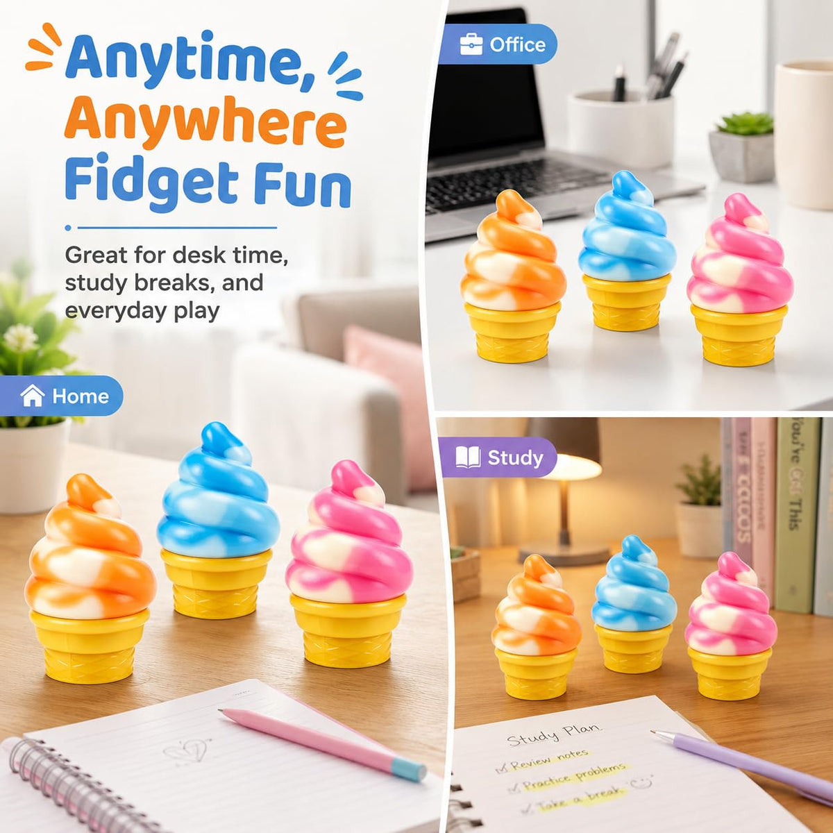 Ice Cream Cone Squishy Toy, Taba Squeeze Packs Stress Relief Fidget Toy, Summer Party Favors Novelty Sensory Toys for Anxiety Relief, Cute Food-Shaped Desk Toy for Adults
