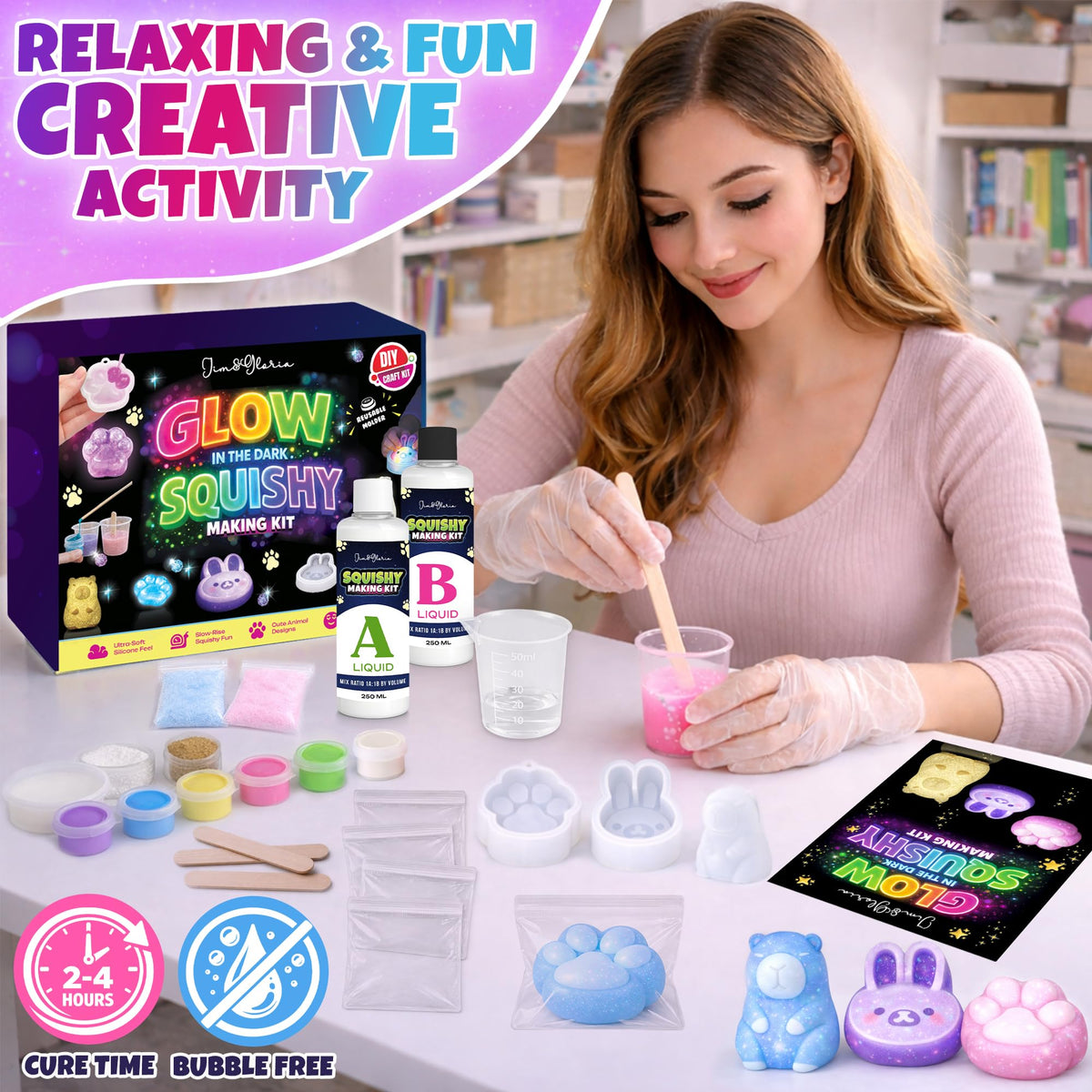 Jim&Gloria Glow in the Dark DIY Squishy Making Kit - Make Your Own Squishies All-in-One Squishy Maker Craft Kit with 1:1 Liquid Silicone, 3 Cute Animal Molds Mini Paw, Bunny, Capybara Chirstmas Gifts