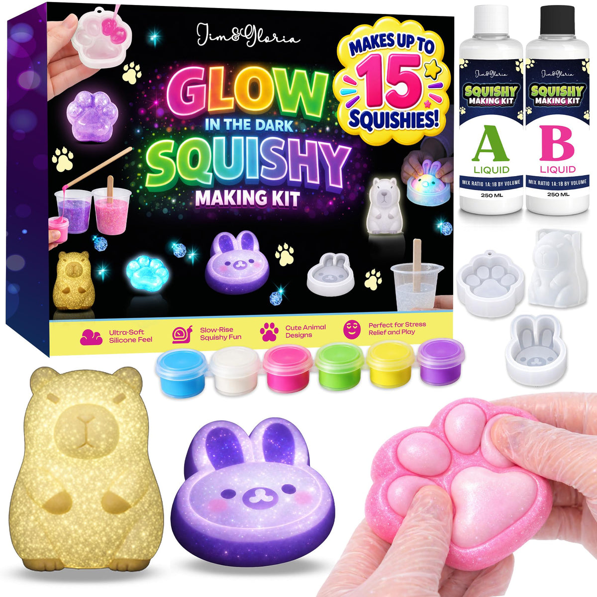 Jim&Gloria Glow in the Dark DIY Squishy Making Kit - Make Your Own Squishies All-in-One Squishy Maker Craft Kit with 1:1 Liquid Silicone, 3 Cute Animal Molds Mini Paw, Bunny, Capybara Chirstmas Gifts
