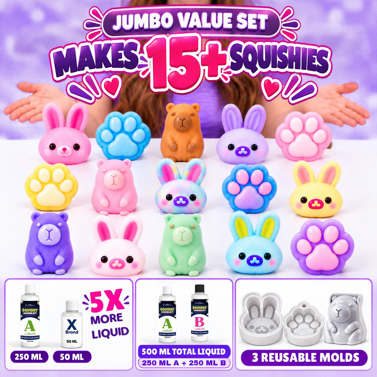 Jim&Gloria Glow in the Dark DIY Squishy Making Kit - Make Your Own Squishies All-in-One Squishy Maker Craft Kit with 1:1 Liquid Silicone, 3 Cute Animal Molds Mini Paw, Bunny, Capybara Chirstmas Gifts
