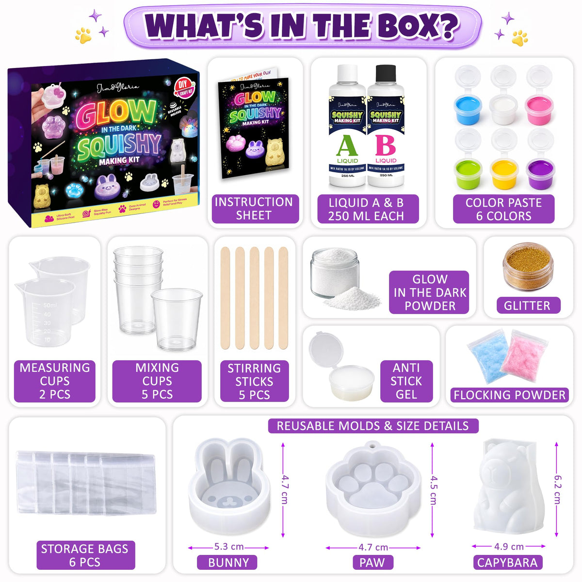 Jim&Gloria Glow in the Dark DIY Squishy Making Kit - Make Your Own Squishies All-in-One Squishy Maker Craft Kit with 1:1 Liquid Silicone, 3 Cute Animal Molds Mini Paw, Bunny, Capybara Chirstmas Gifts