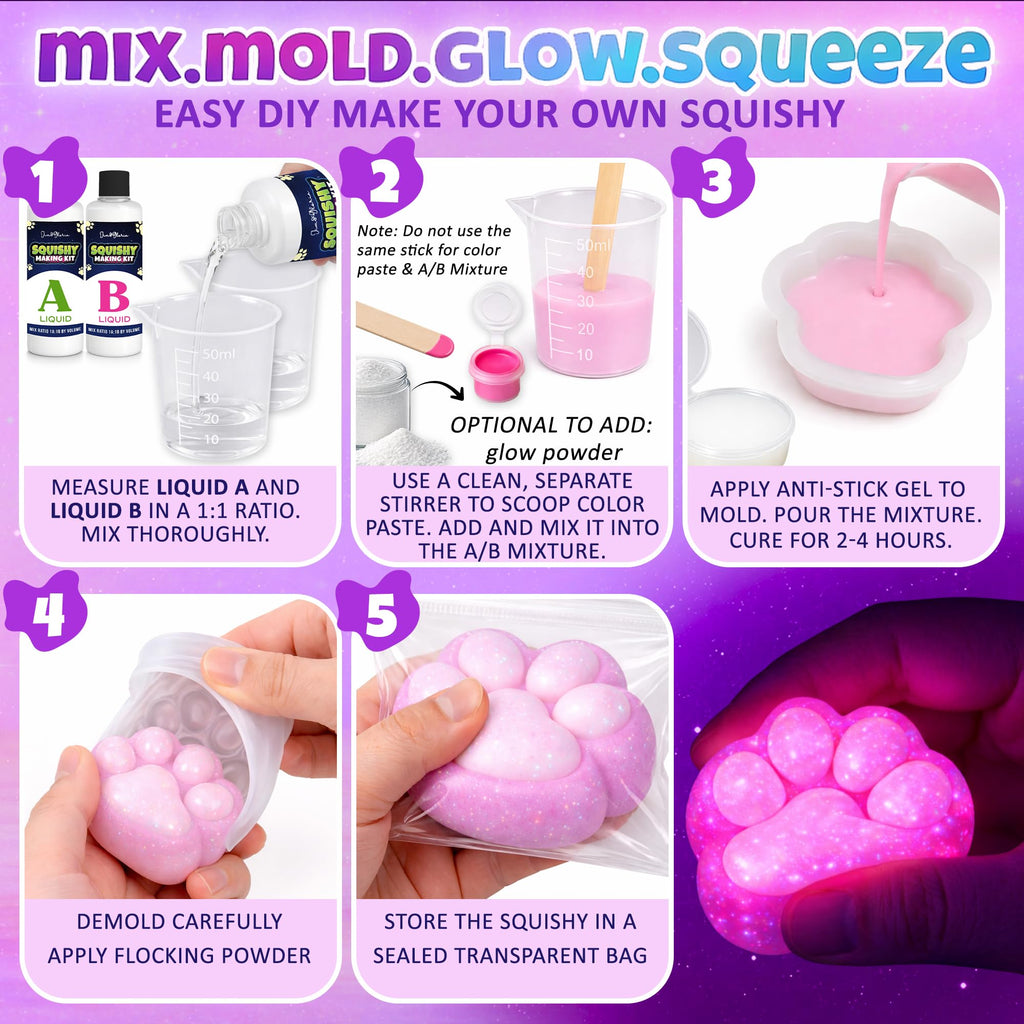 Jim&Gloria Glow in the Dark DIY Squishy Making Kit - Make Your Own Squishies All-in-One Squishy Maker Craft Kit with 1:1 Liquid Silicone, 3 Cute Animal Molds Mini Paw, Bunny, Capybara Chirstmas Gifts