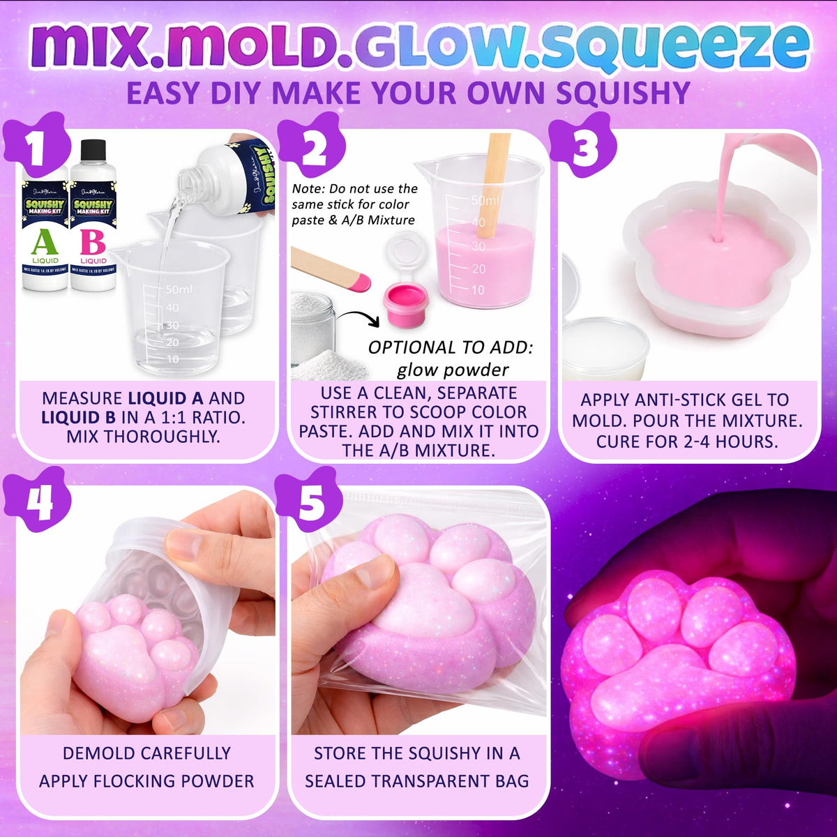 Jim&Gloria Glow in the Dark DIY Squishy Making Kit - Make Your Own Squishies All-in-One Squishy Maker Craft Kit with 1:1 Liquid Silicone, 3 Cute Animal Molds Mini Paw, Bunny, Capybara Chirstmas Gifts