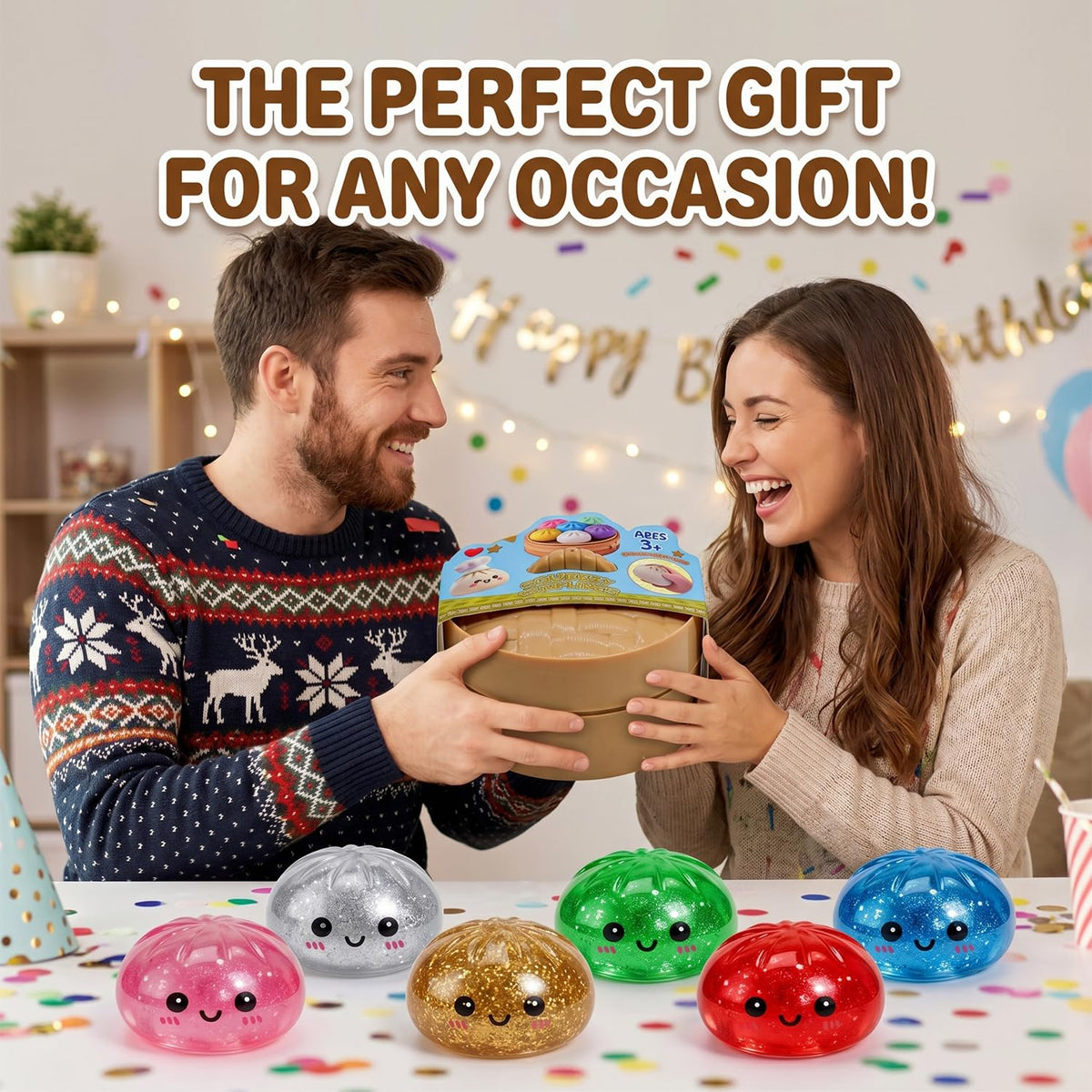 Dumpling Squishies, Glitter Dumpling Mystery Box, Fidget Sensory Toy for Adults,Colorful Dumplings Stress Balls with Food Steamer,Ideal for Stress Relief as a Gift for Holidays