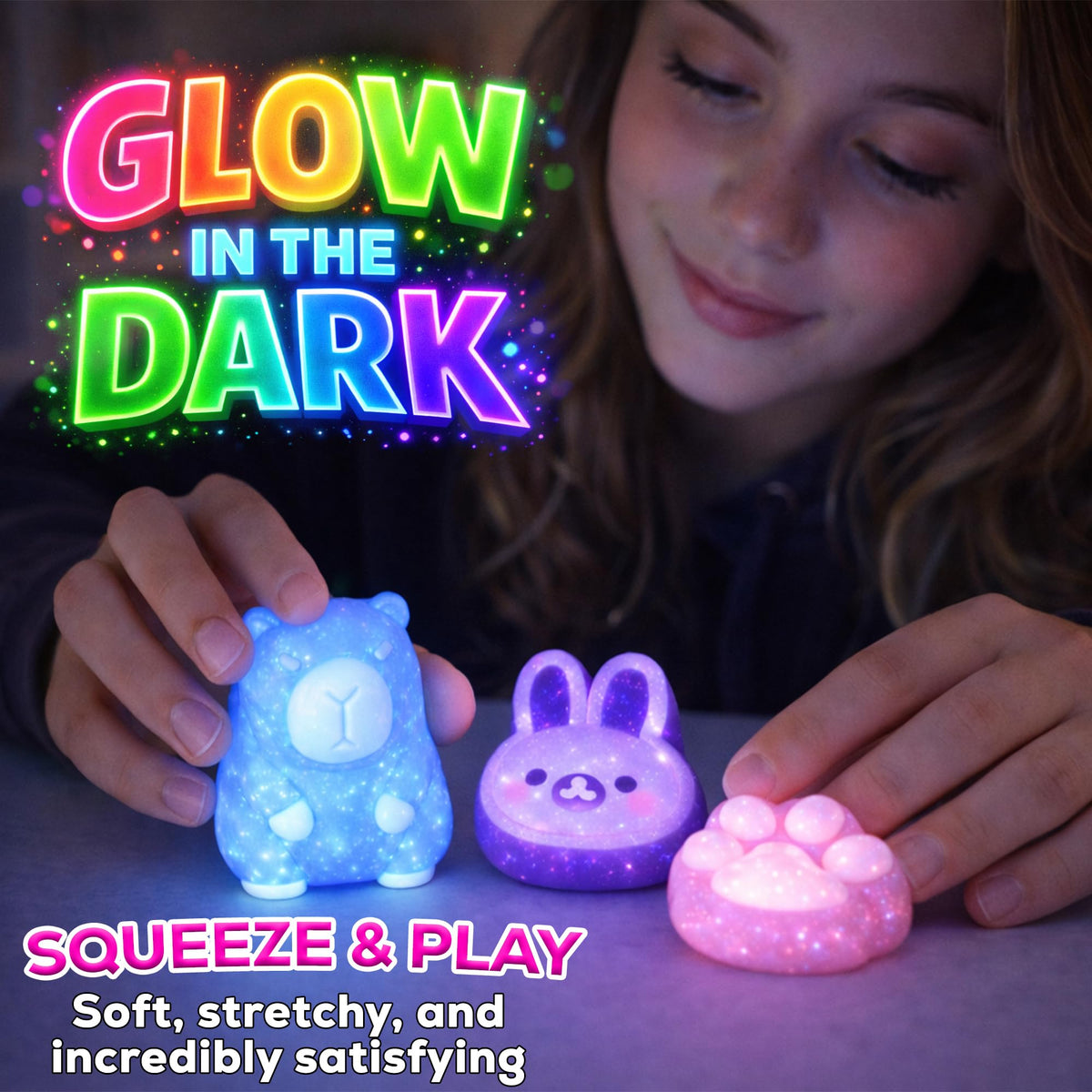 Jim&Gloria Glow in the Dark DIY Squishy Making Kit - Make Your Own Squishies All-in-One Squishy Maker Craft Kit with 1:1 Liquid Silicone, 3 Cute Animal Molds Mini Paw, Bunny, Capybara Chirstmas Gifts